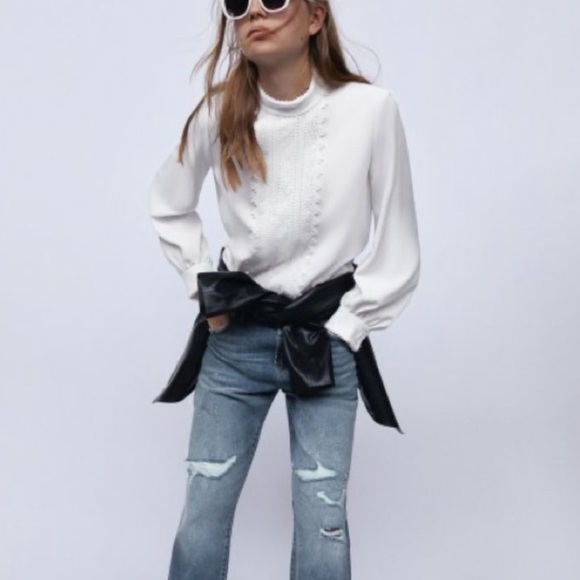 Zara Tops - Zara White Peasant Style Long Sleeve High Neck Appliqué Blouse NWT